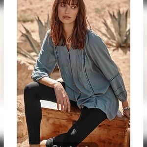 J. Jill Heavily Embroidered Button Down Blouse Teal Boho Bohemian 3/4 Sleeves